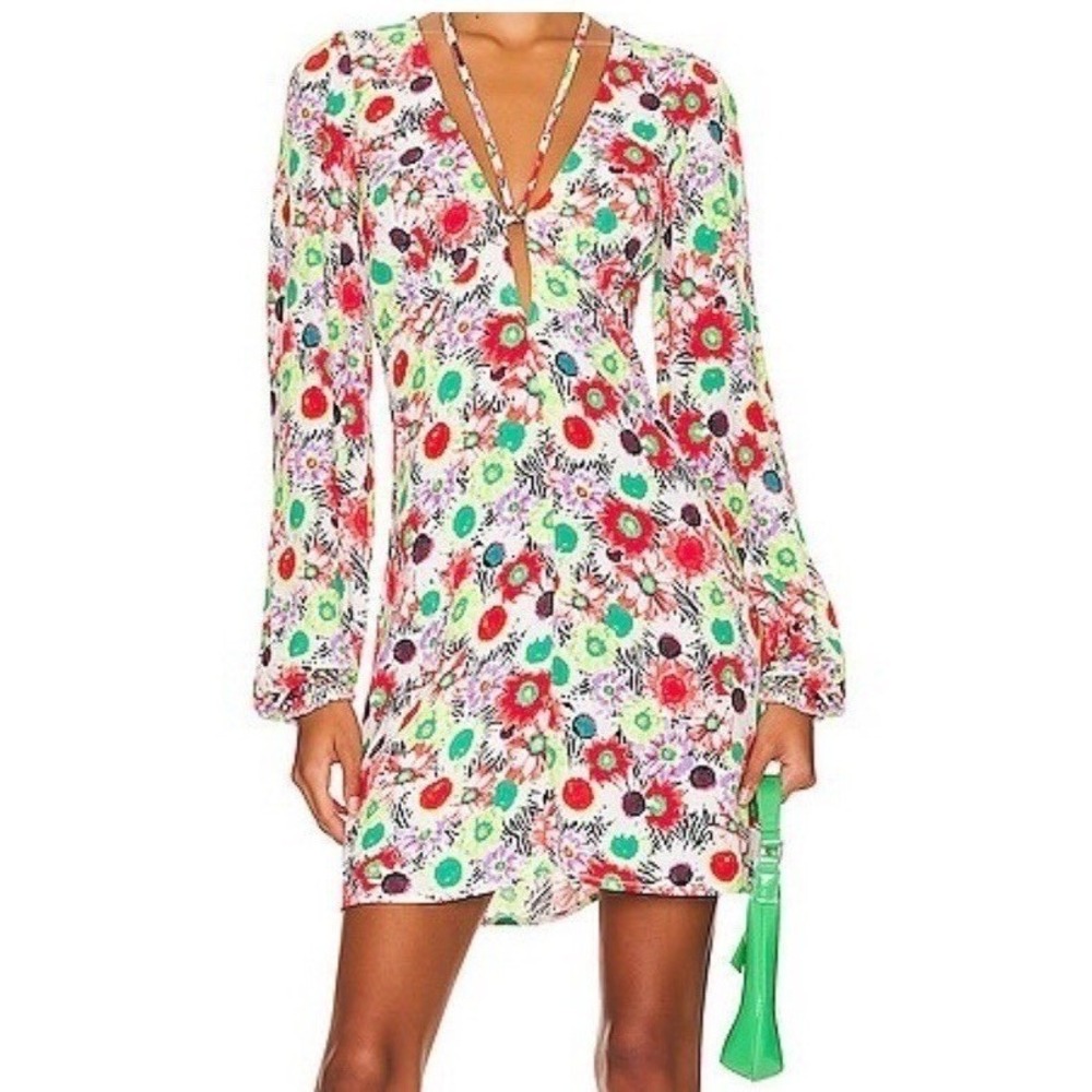 AFRM Floral Daisy Mini Dress V-Neck Balloon Sleeve Bright Event Retro Dance Sz S